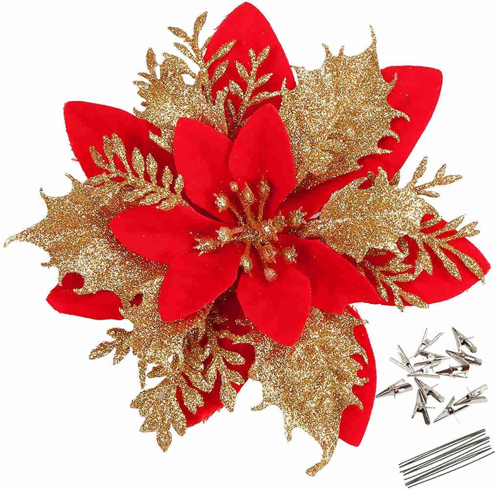 12 Pack 5.5" Glitter Artificial Poinsettia Christmas Flowers