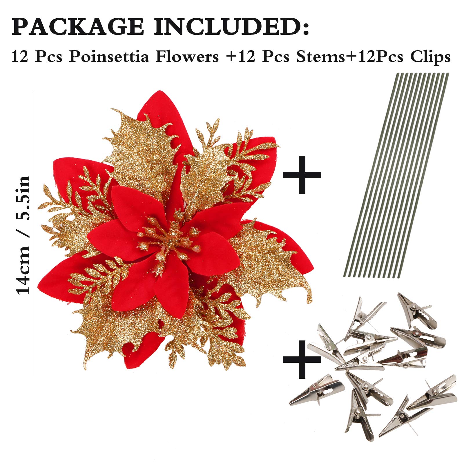 12 Pack 5.5" Glitter Artificial Poinsettia Christmas Flowers