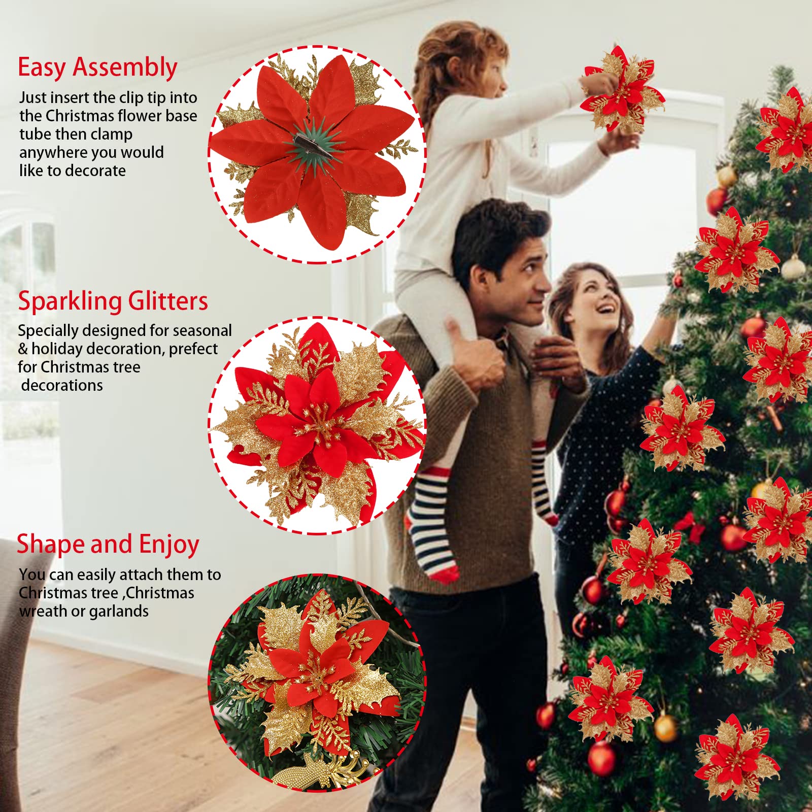 12 Pack 5.5" Glitter Artificial Poinsettia Christmas Flowers