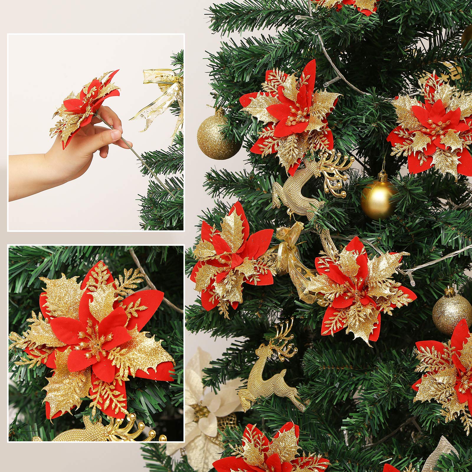 12 Pack 5.5" Glitter Artificial Poinsettia Christmas Flowers