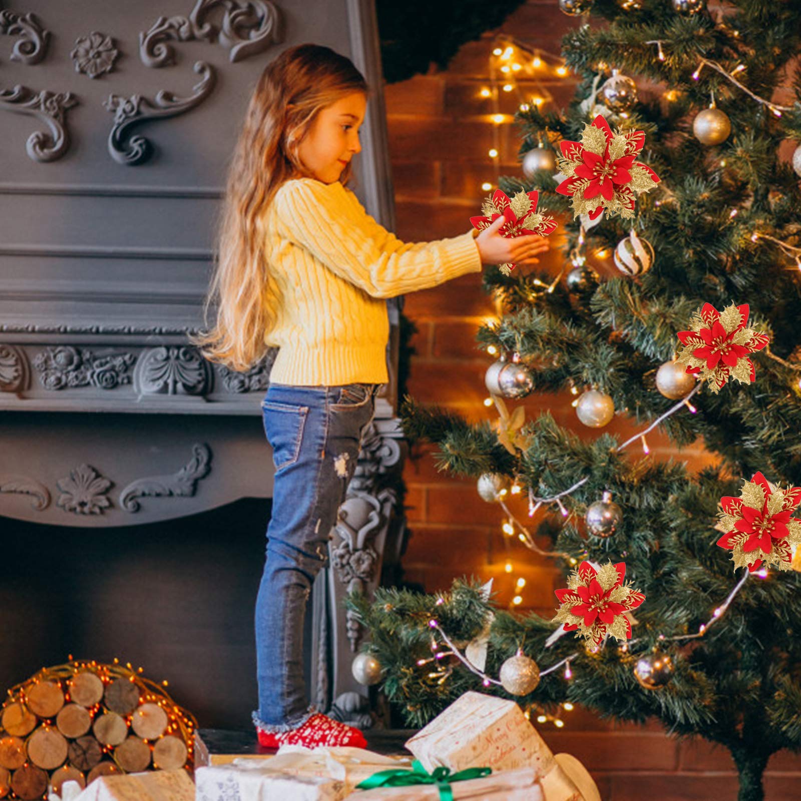 12 Pack 5.5" Glitter Artificial Poinsettia Christmas Flowers