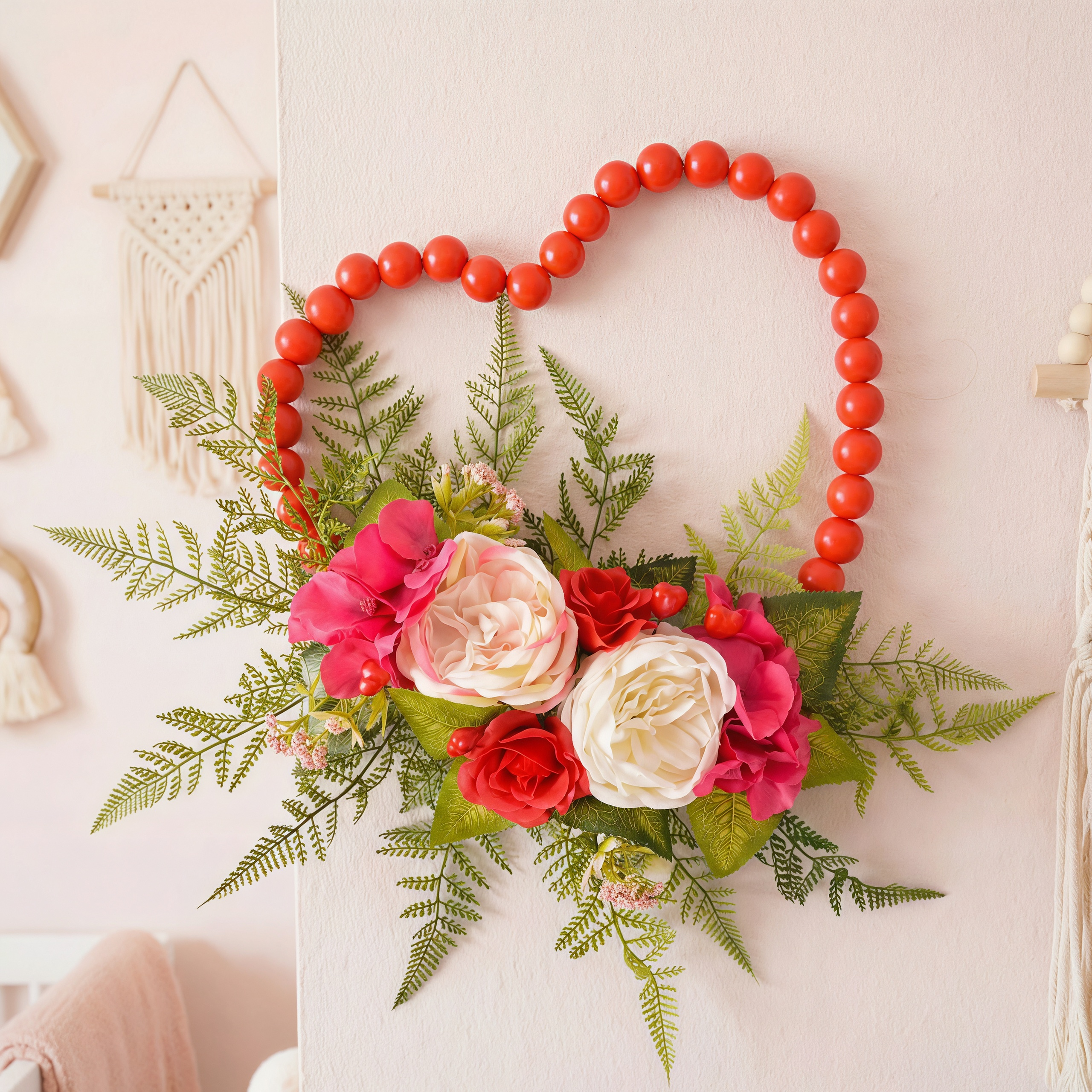 Luxurious Wooden Bead Heart Wreath Hanging Wall Decor