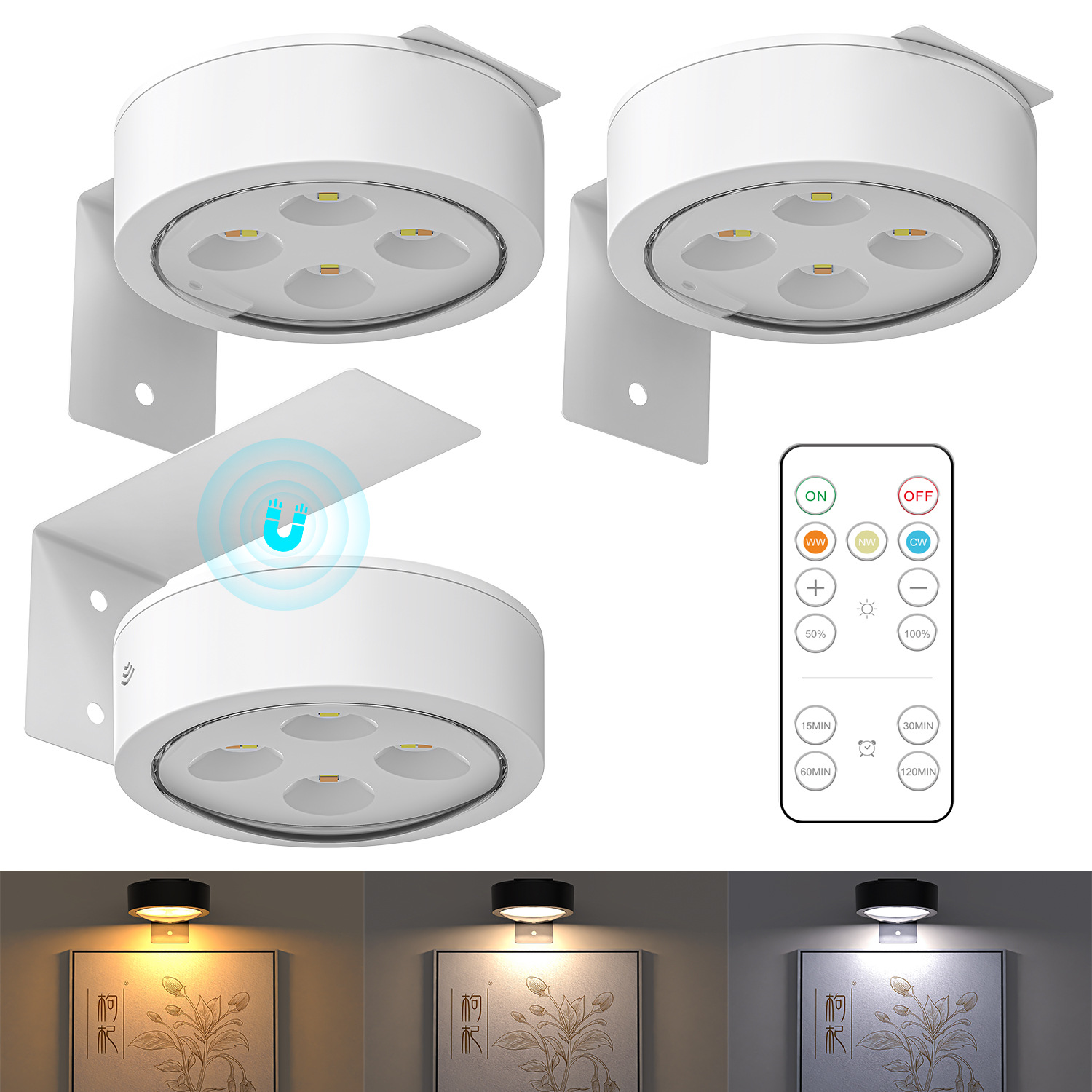 3 Pack Picture Lights for Wall with Remote Control