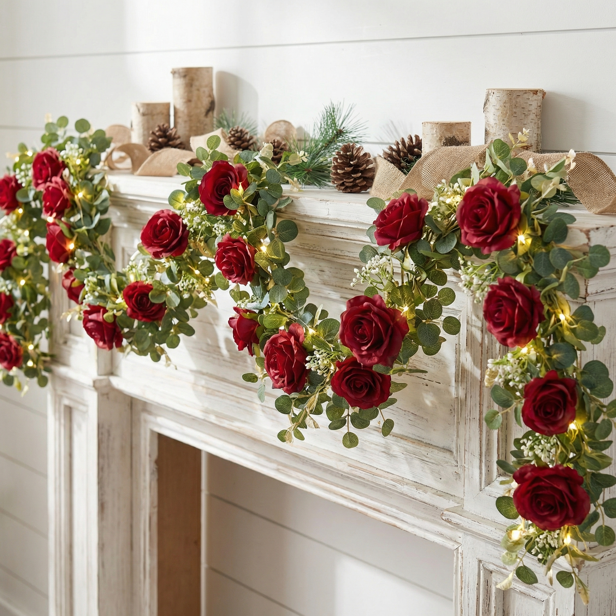 1 Pack 70.8in 30 LED Artificial Eucalyptus Garland with Roses