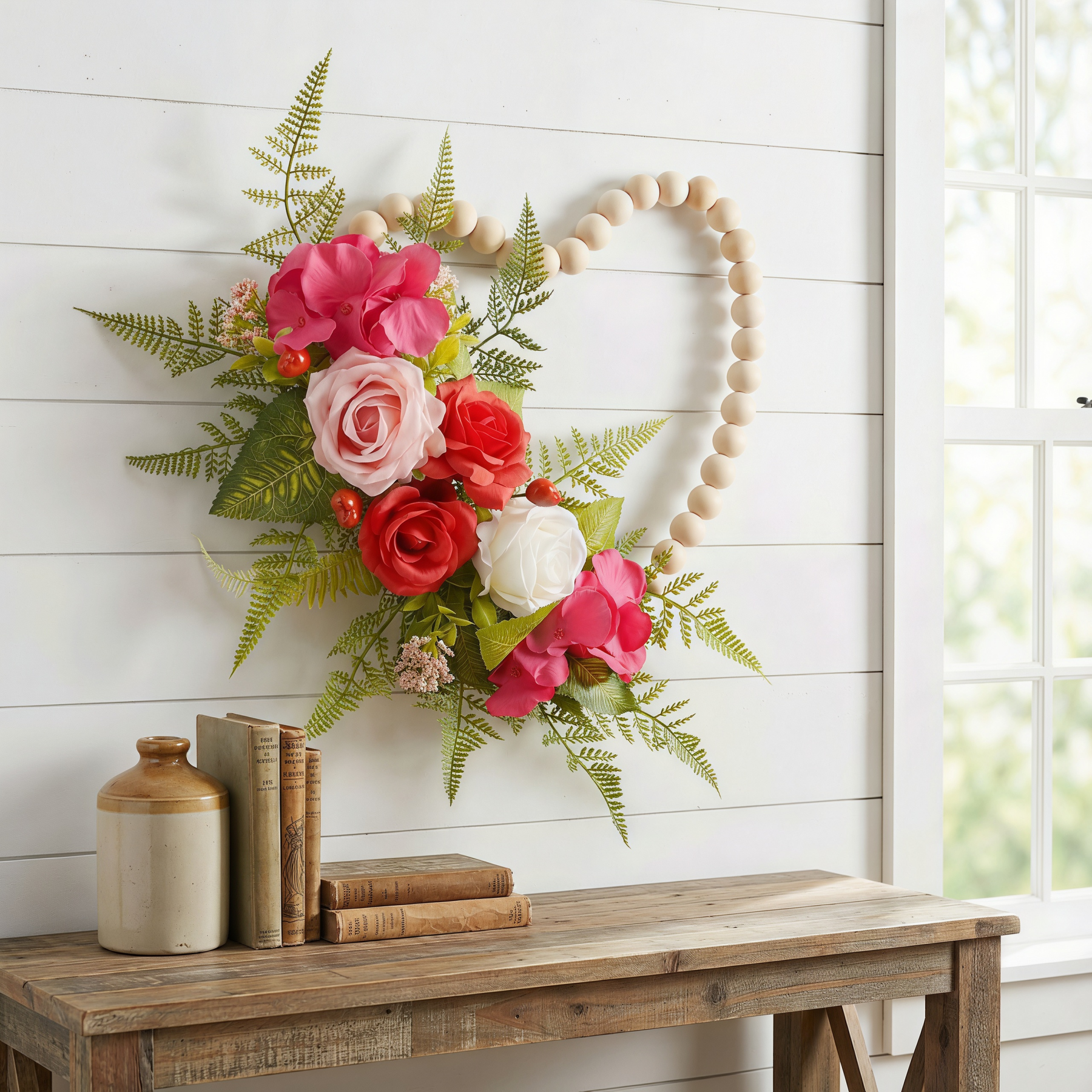 Luxurious Wooden Bead Heart Wreath Hanging Wall Decor