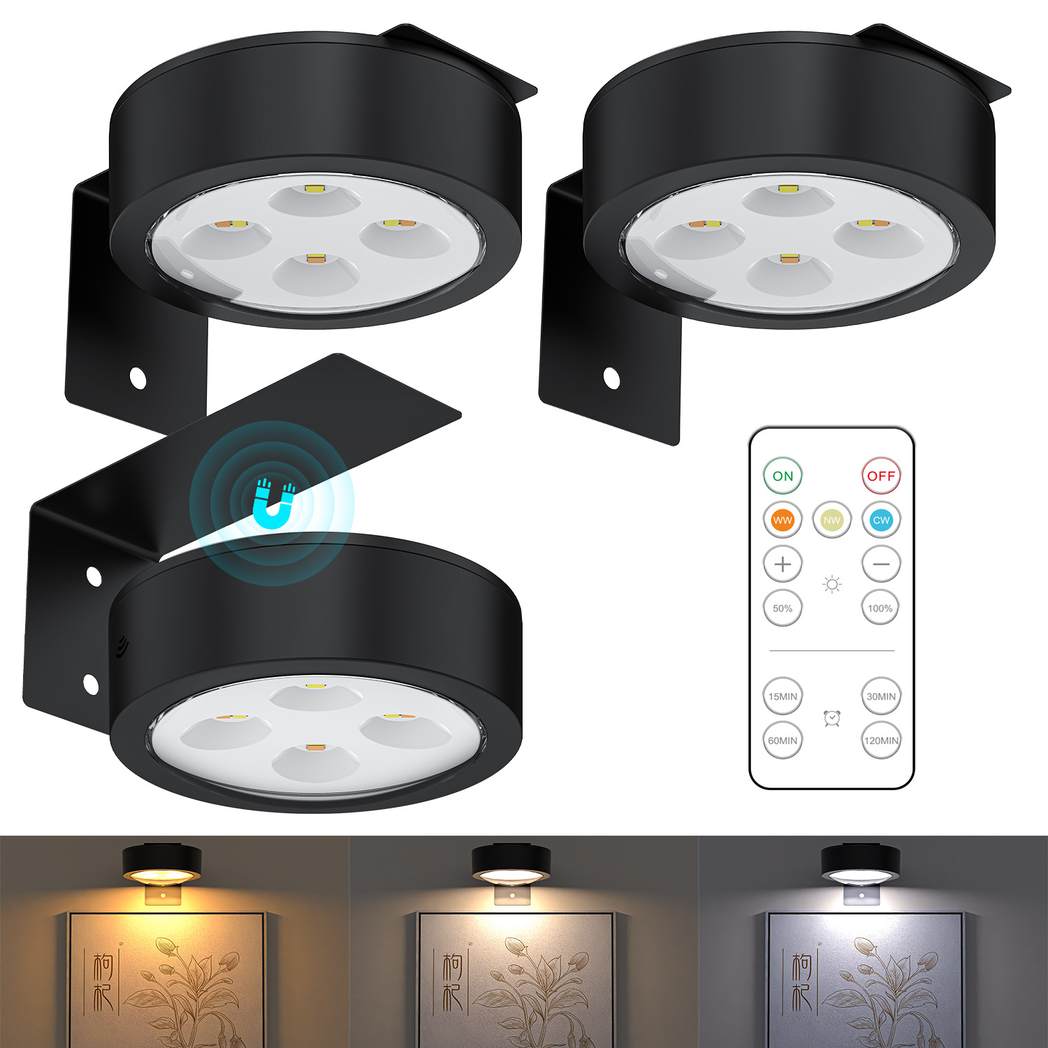 3 Pack Picture Lights for Wall with Remote Control