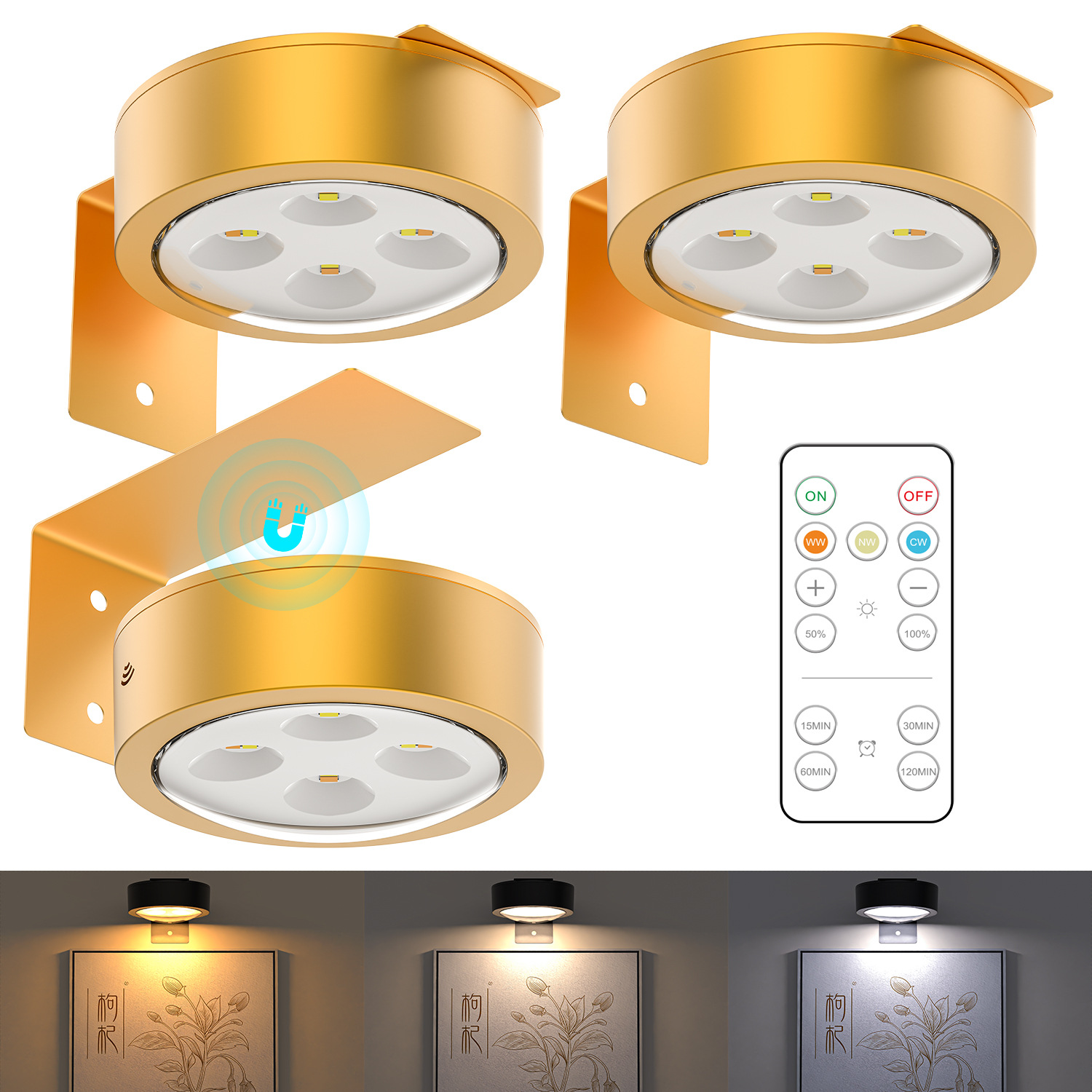 3 Pack Picture Lights for Wall with Remote Control