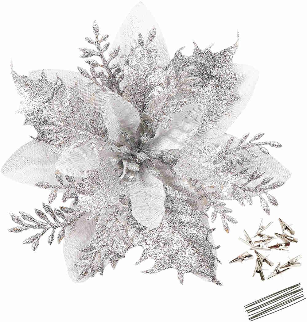 12 Pack 5.5" Glitter Artificial Poinsettia Christmas Flowers