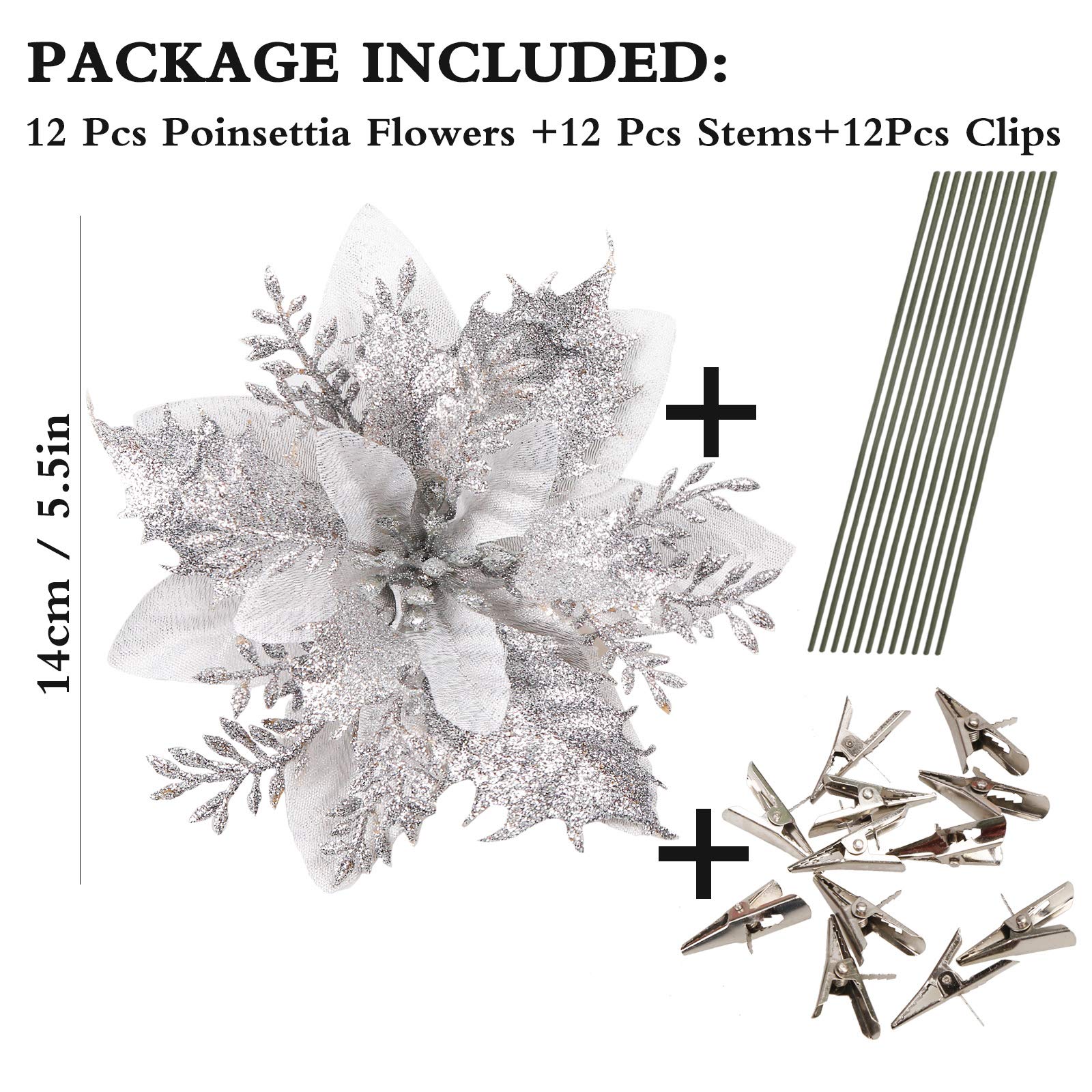 12 Pack 5.5" Glitter Artificial Poinsettia Christmas Flowers
