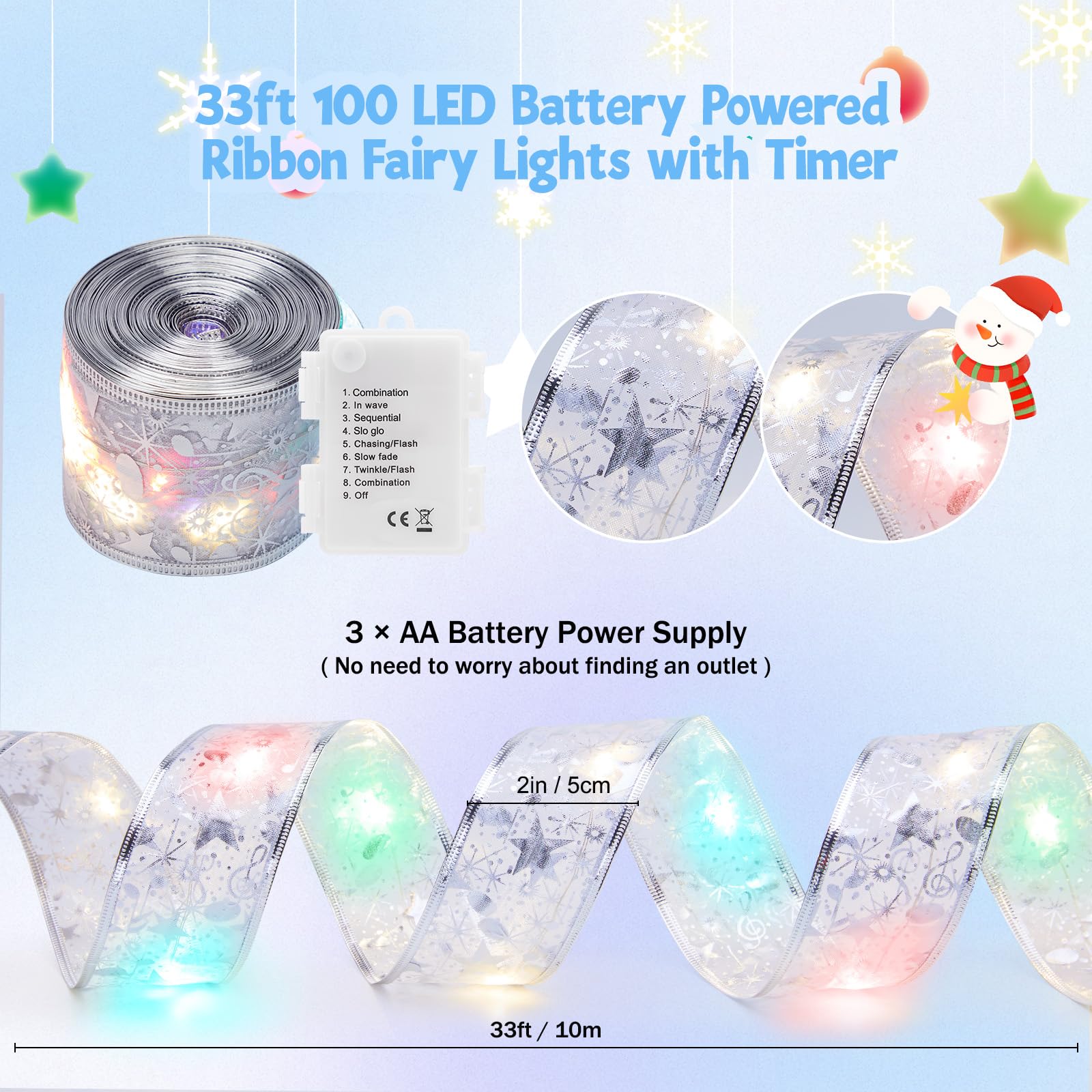 33ft 100 LED Christmas Tree Ribbon String Light