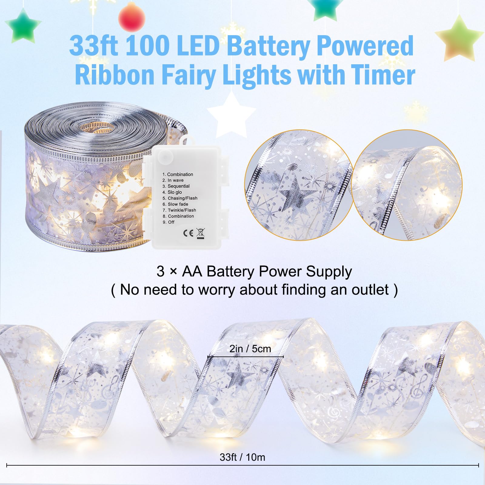 33ft 100 LED Christmas Tree Ribbon String Light