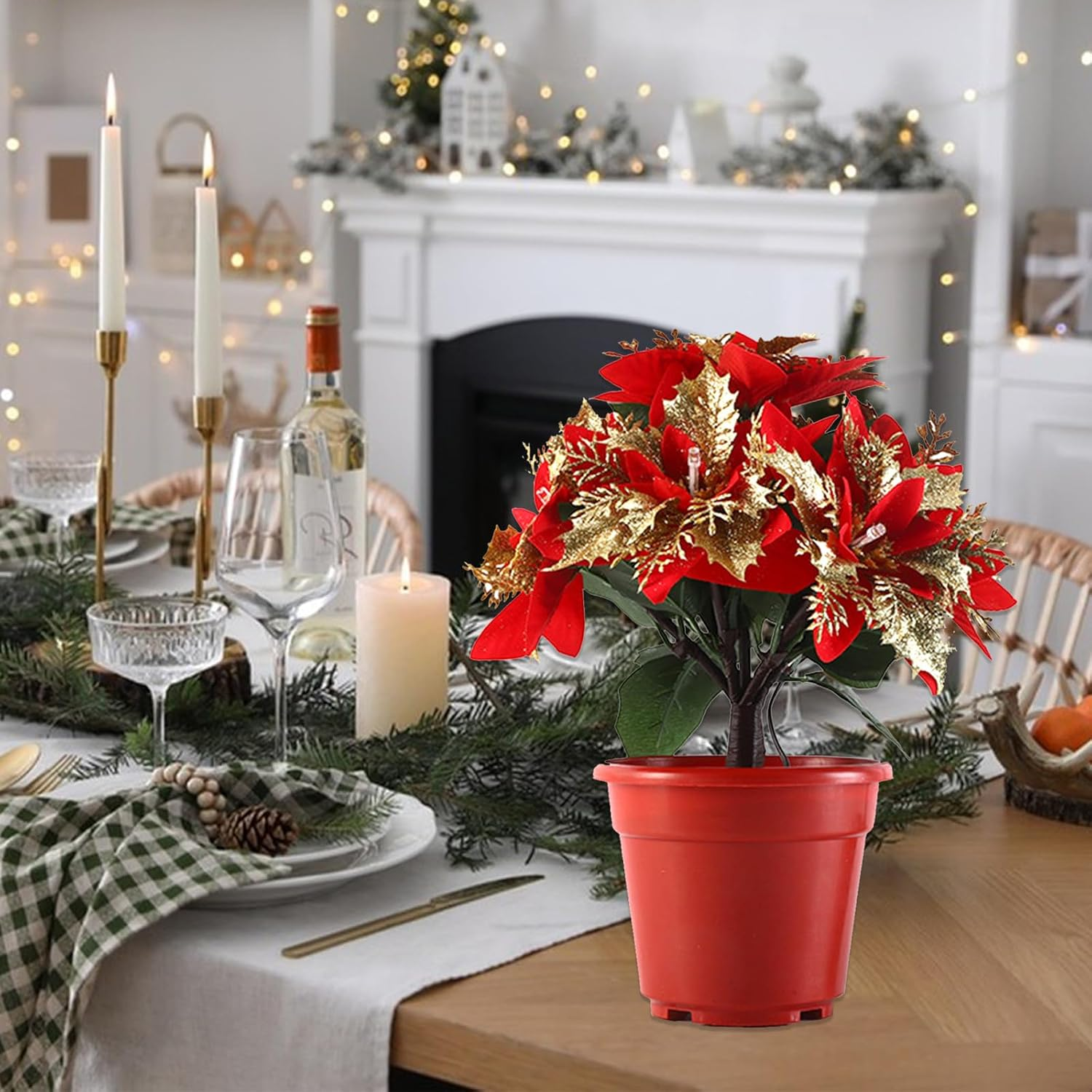 13.77-inch Lighted Velvet Artificial Poinsettia Christmas Potted Plant
