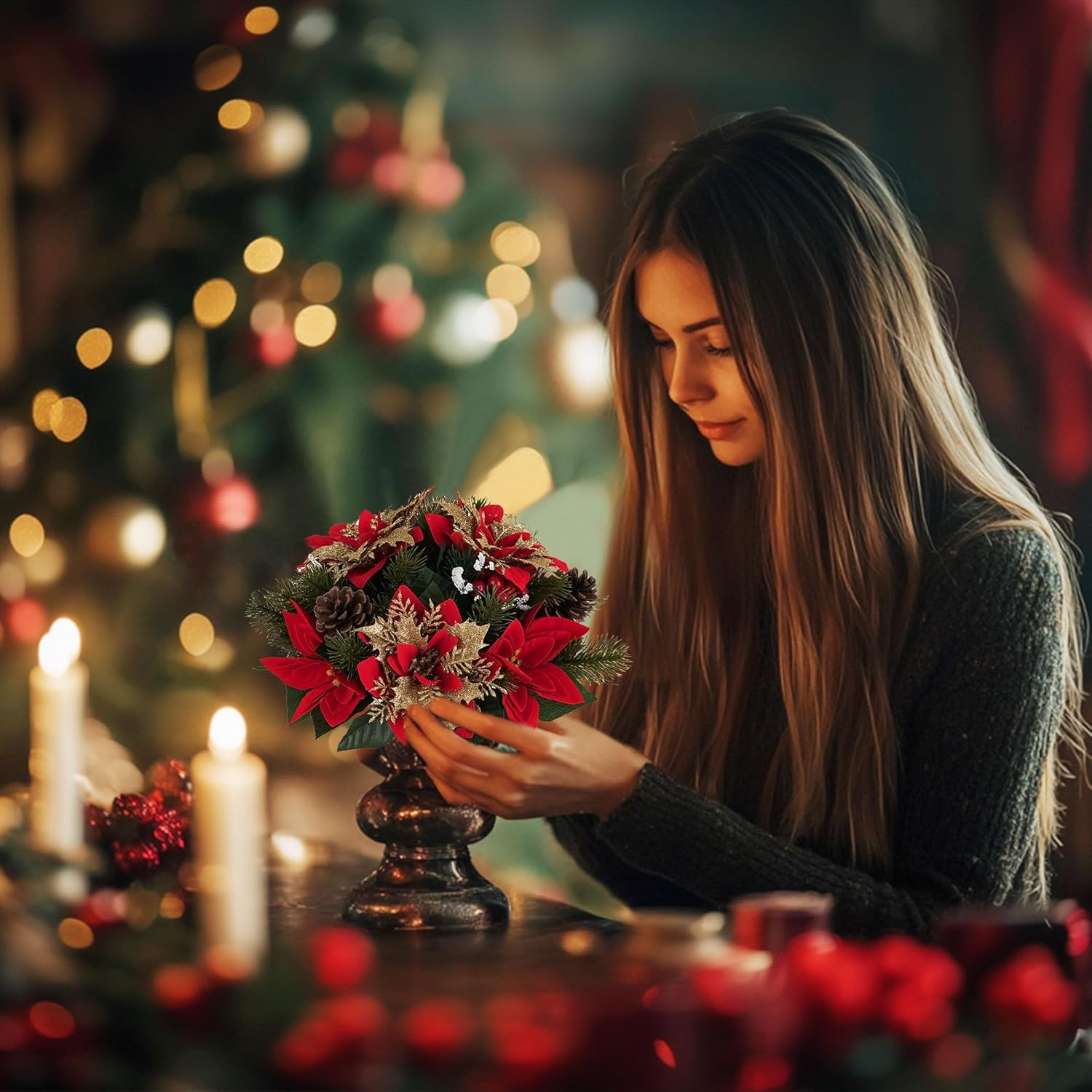 2 Pcs Poinsettias Artificial Christmas Flower Balls Decoration