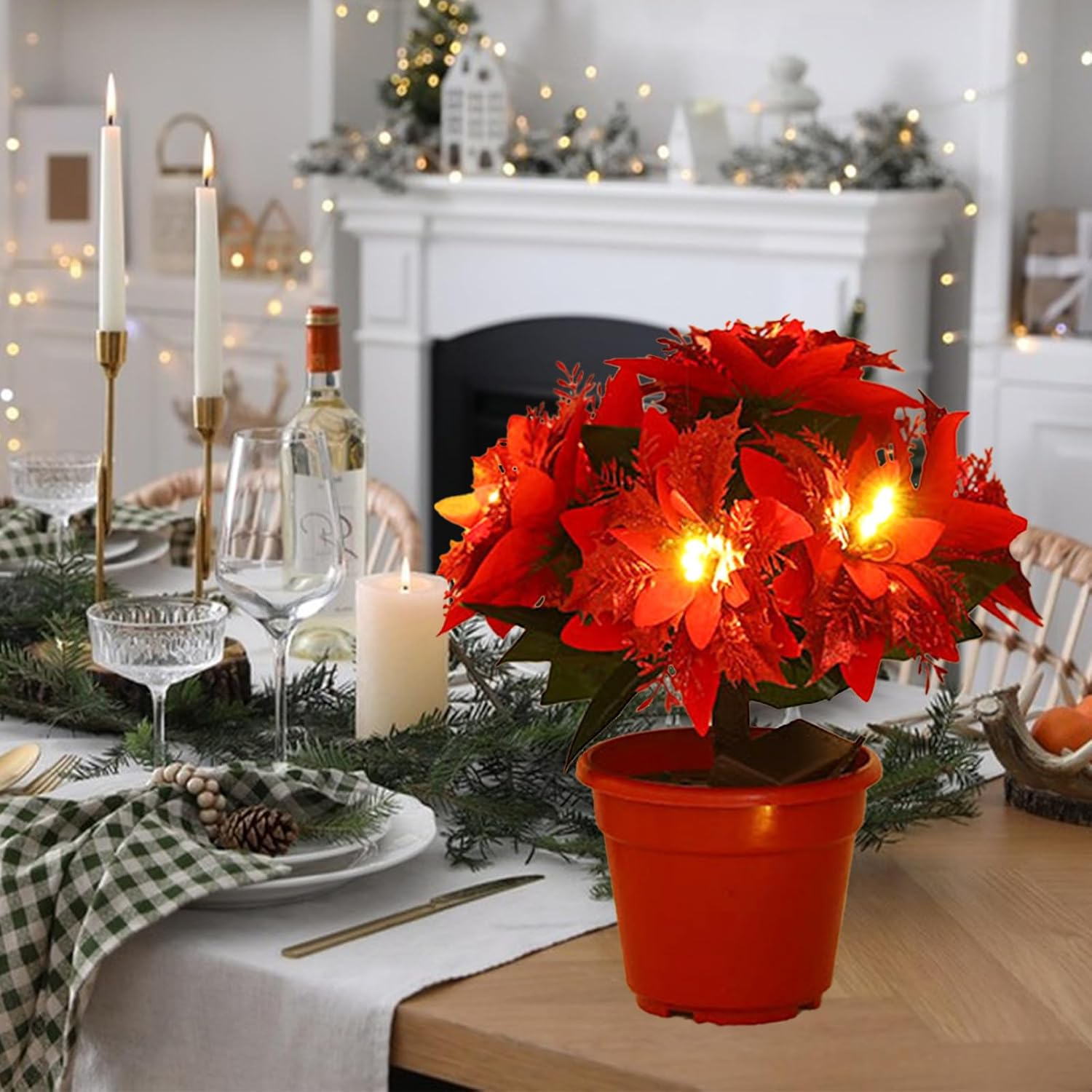 13.77-inch Lighted Velvet Artificial Poinsettia Christmas Potted Plant