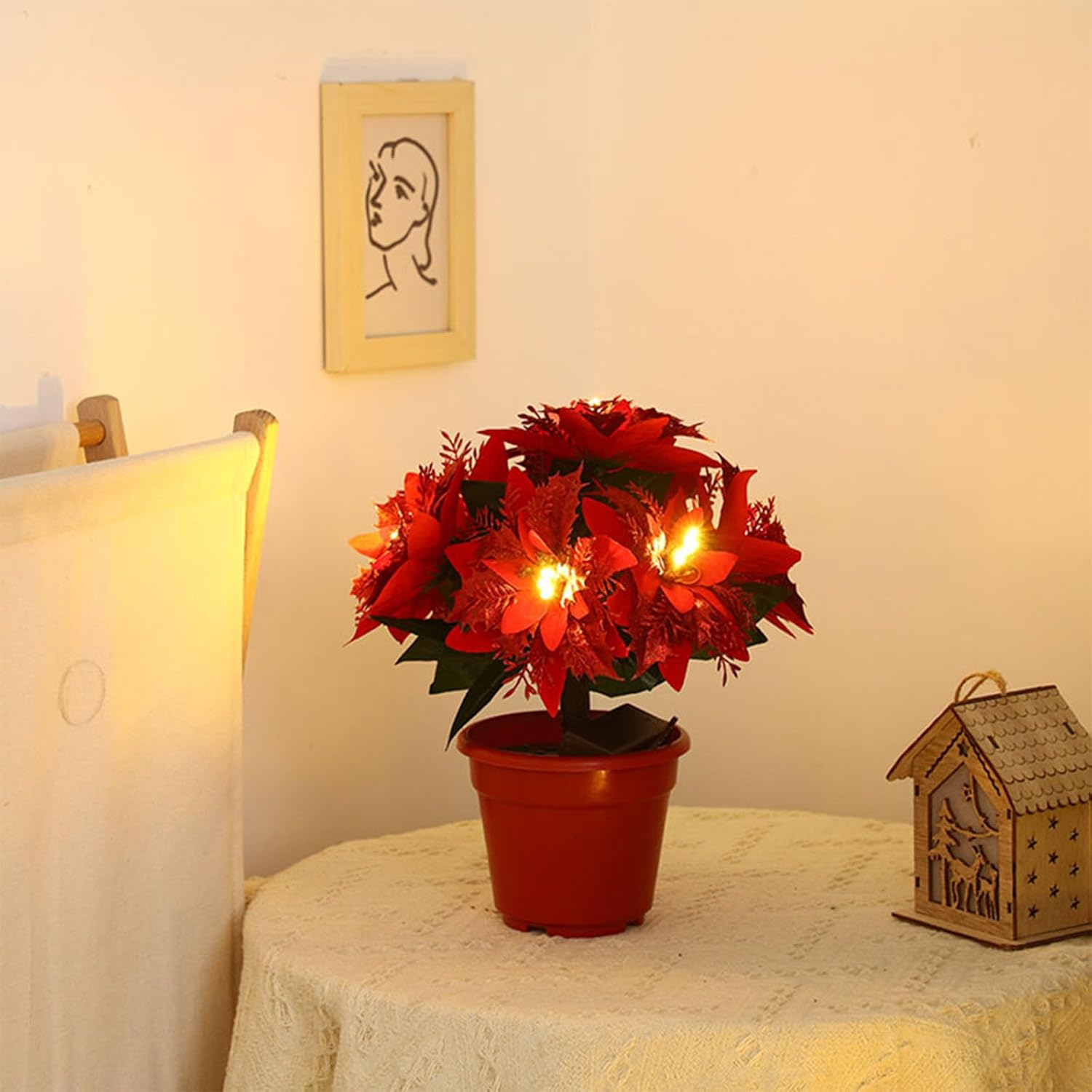 13.77-inch Lighted Velvet Artificial Poinsettia Christmas Potted Plant