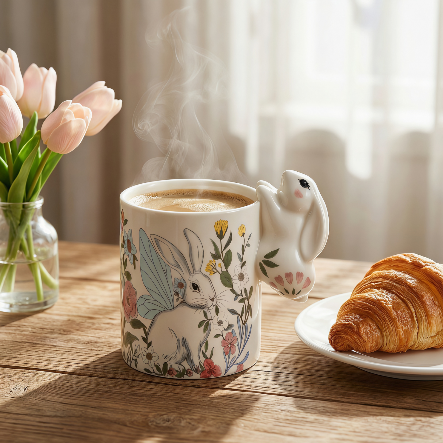 Floral Bunny Ceramic Mug with 3D Ear Handle