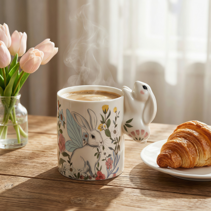 Floral Bunny Ceramic Mug with 3D Ear Handle
