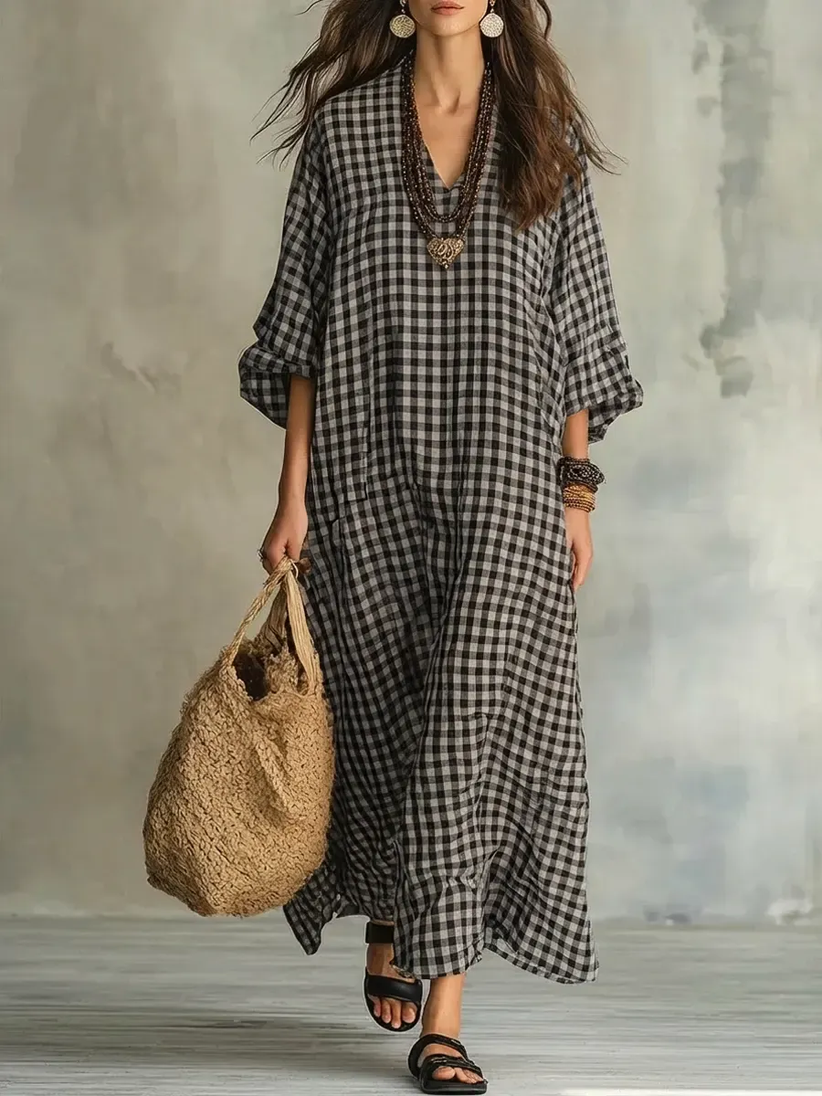 Women's Retro Plaid Art Casual Stylish Cotton Linen Maxi Dress