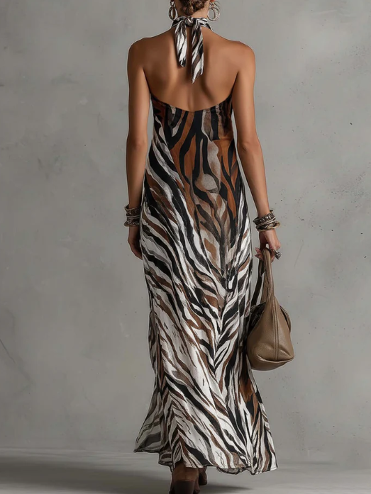 Stylish Halter Neck Sexy Animal Print Maxi Dress