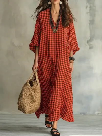 Women's Retro Plaid Art Casual Stylish Cotton Linen Maxi Dress