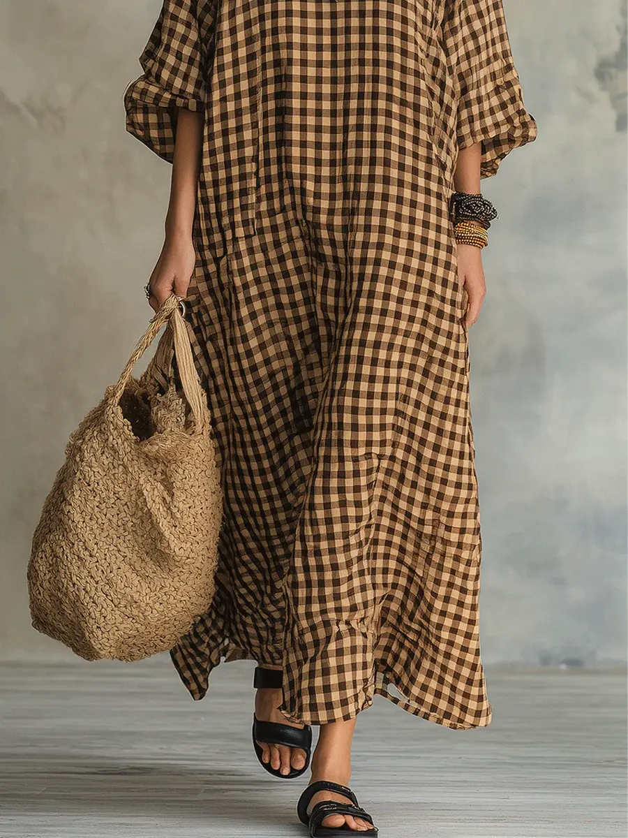 Women's Retro Plaid Art Casual Stylish Cotton Linen Maxi Dress