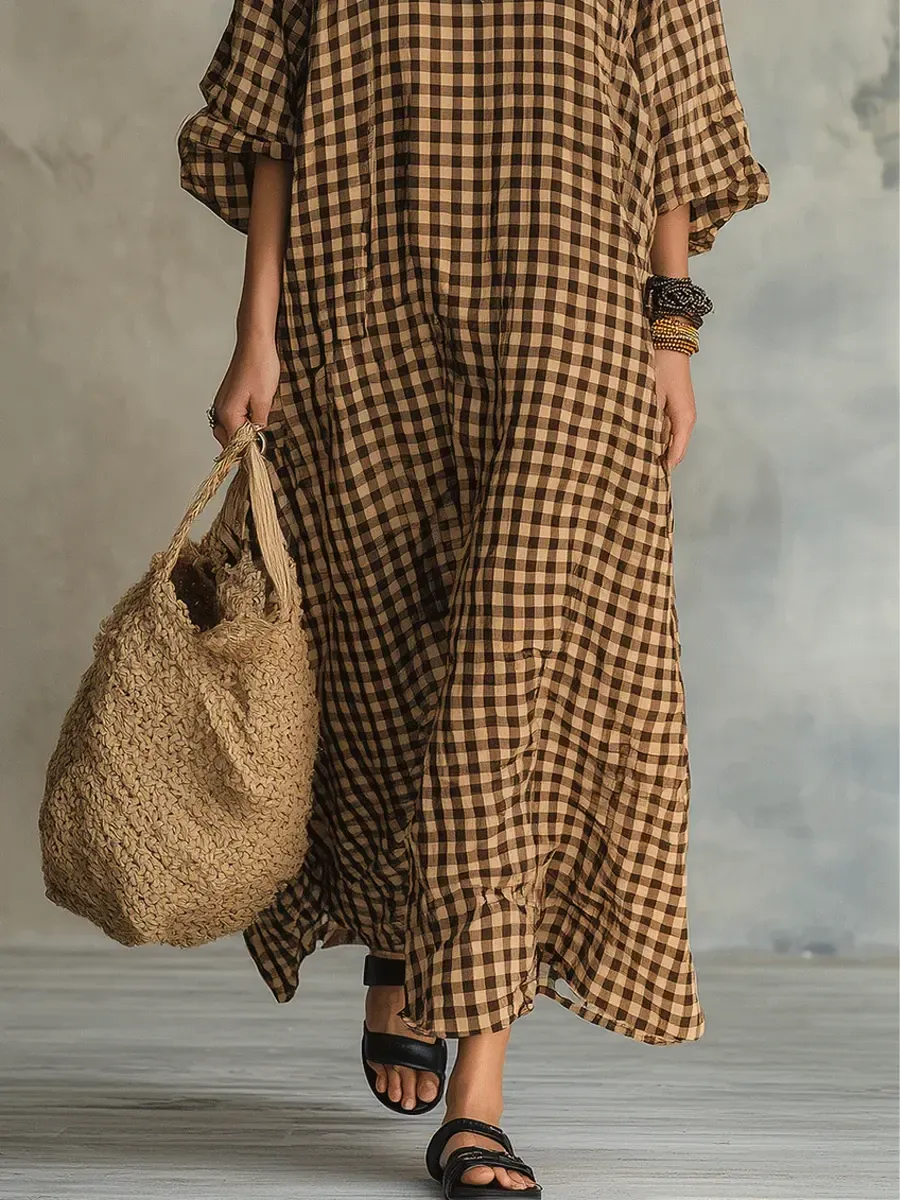Women's Retro Plaid Art Casual Stylish Cotton Linen Maxi Dress