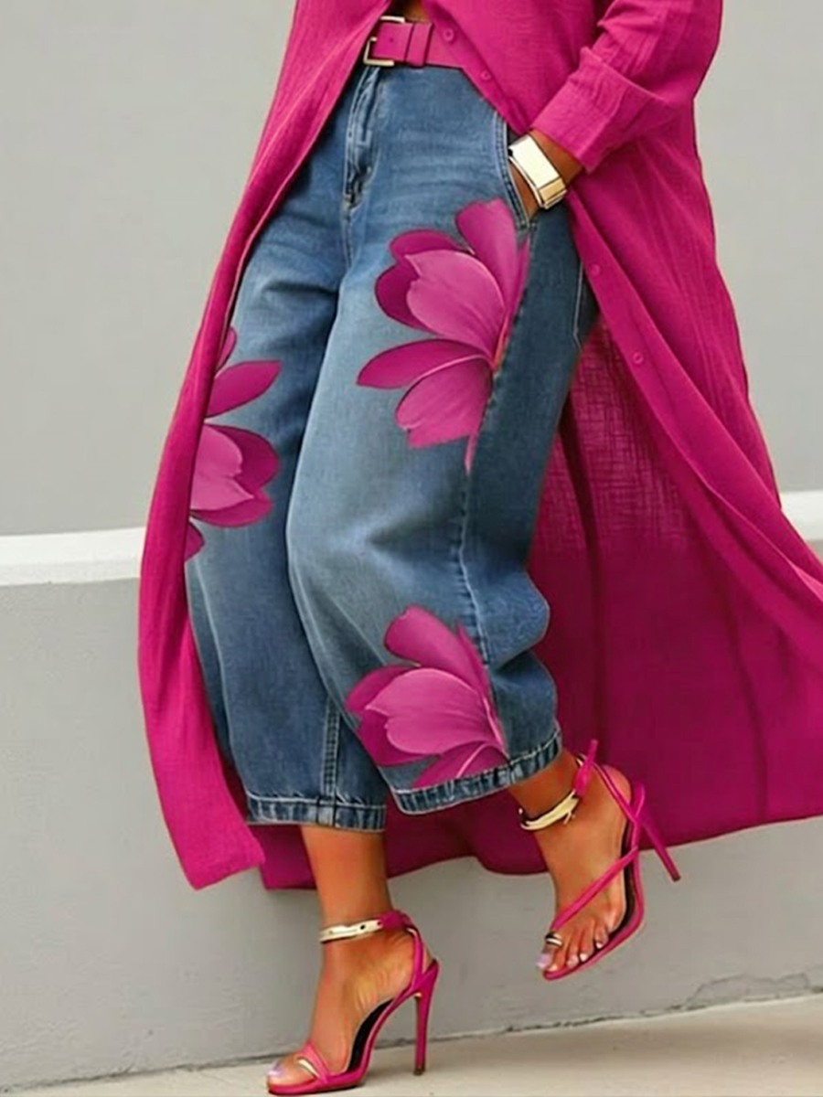 Women's Artistic Red Blossom Wide Leg Jeans