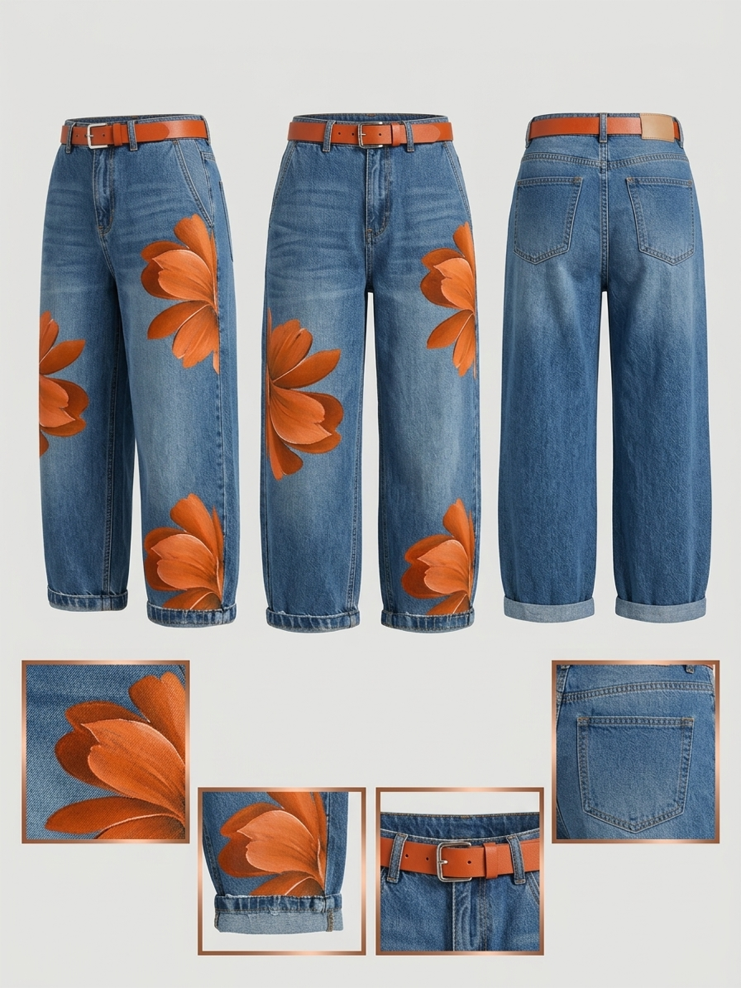 Women's Artistic Red Blossom Wide Leg Jeans