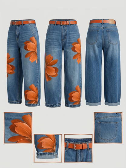 Women's Artistic Red Blossom Wide Leg Jeans