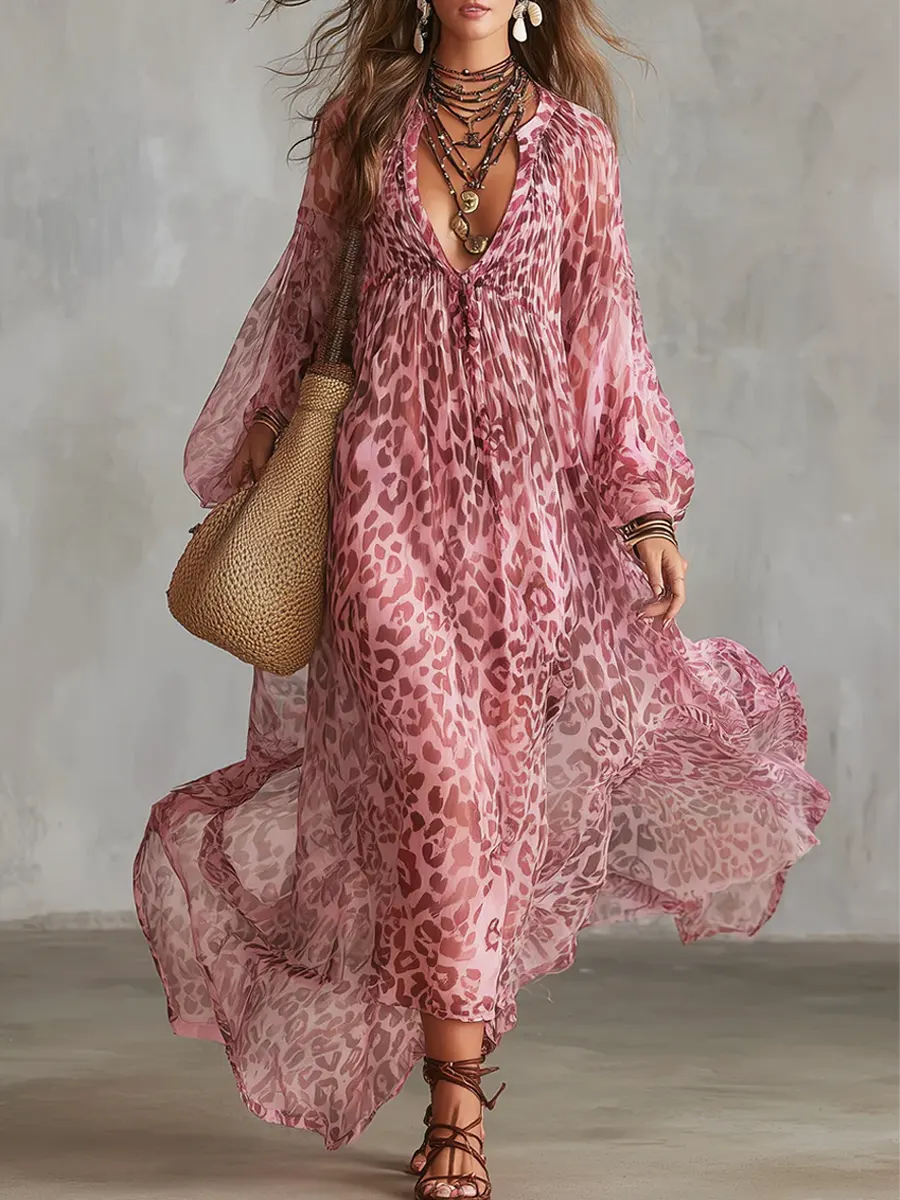 Women's Retro Leopard Art Casual Stylish Chiffon Maxi Dress