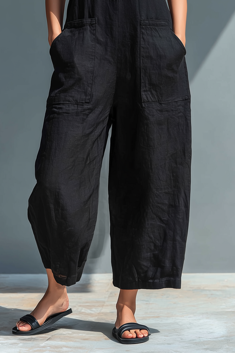 Women's Minimalist Linen Blend Button-up Stand-collar Sleeveless Loose Jumpsuit