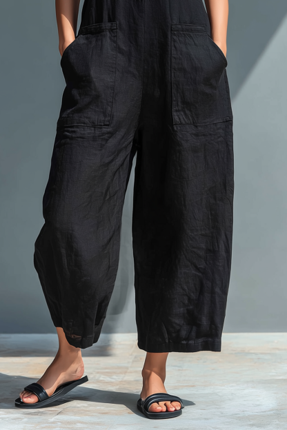 Women's Minimalist Linen Blend Button-up Stand-collar Sleeveless Loose Jumpsuit