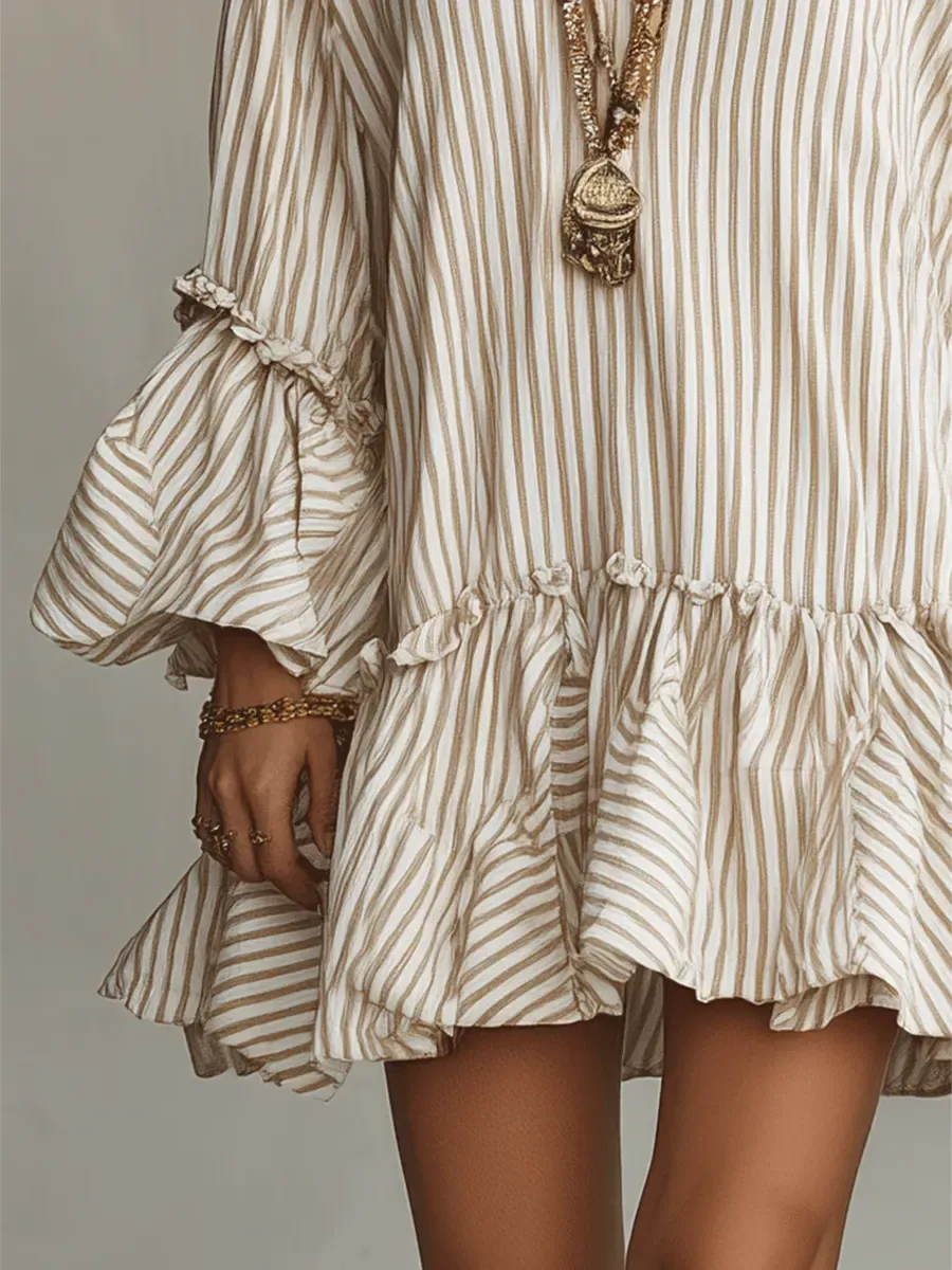 Women's Retro Striped Art Ruffled Casual Stylish V-Neck Cotton Linen Dress