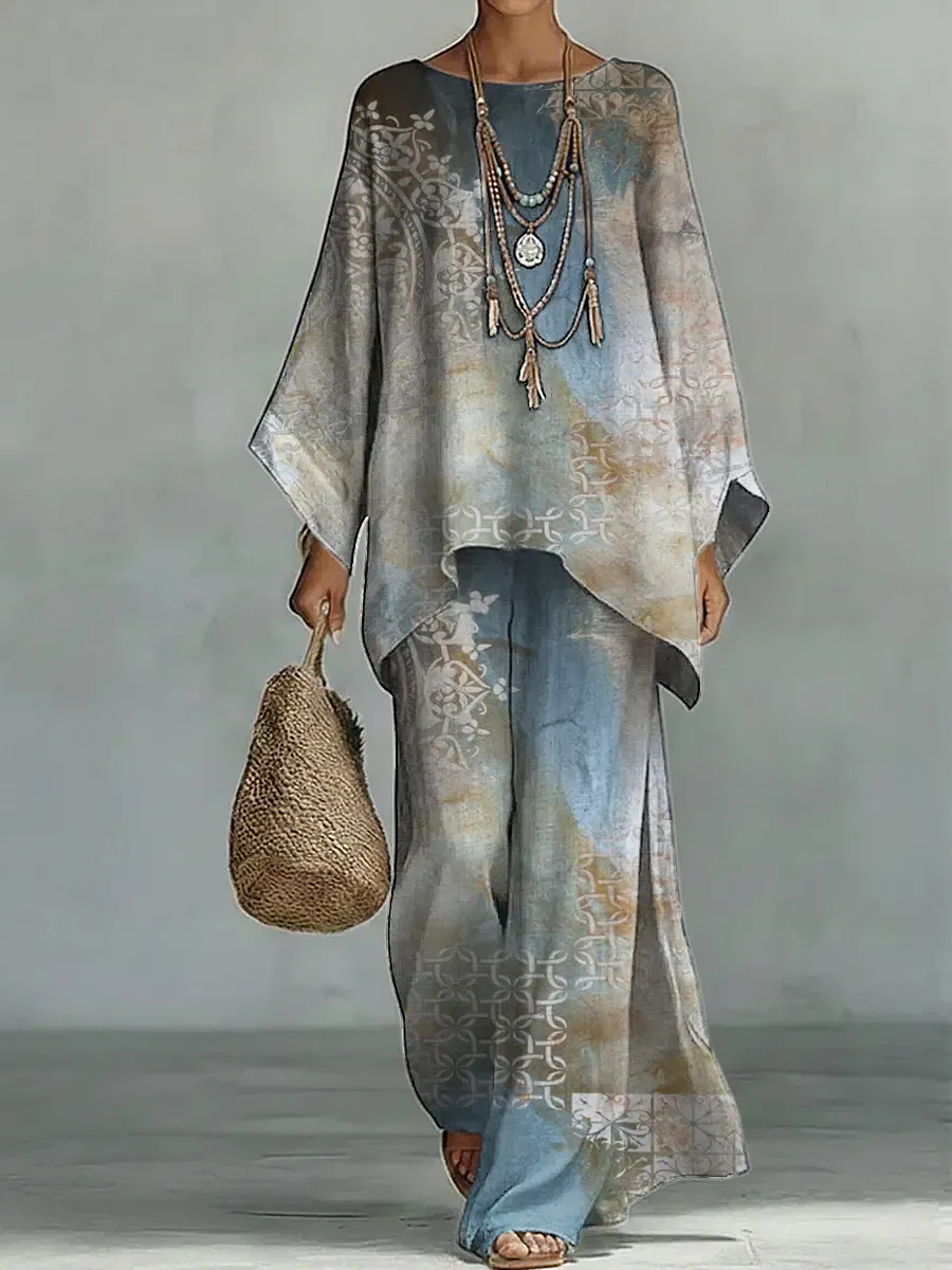 Women's Vintage Floral Art Comfortable Loose Cotton Linen Wide-leg Pants Two-piece Set