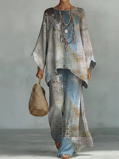 Women's Vintage Floral Art Comfortable Loose Cotton Linen Wide-leg Pants Two-piece Set