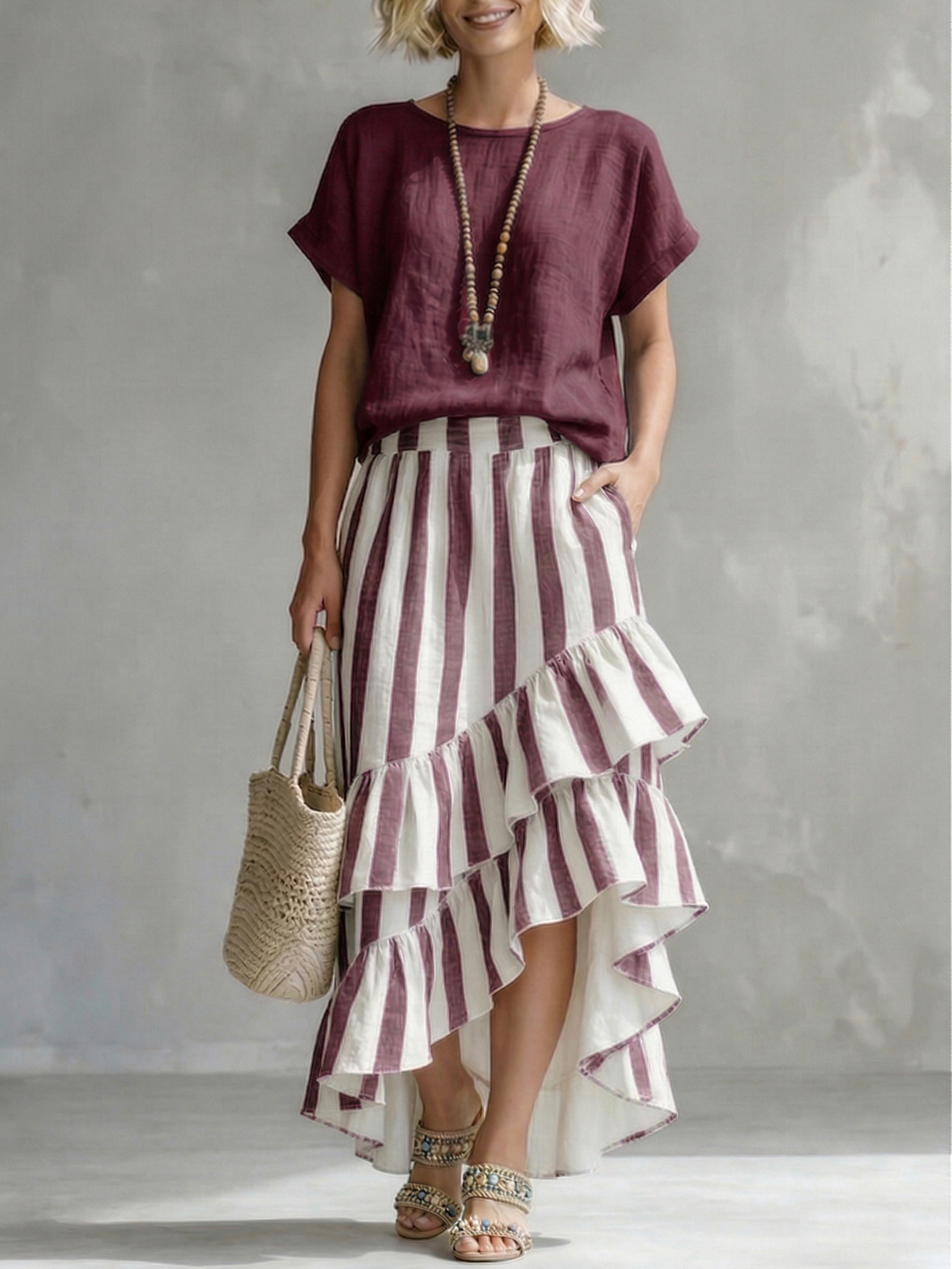 Romantic Striped Top And Ruffled Skirt Cotton-linen Two-piece Set