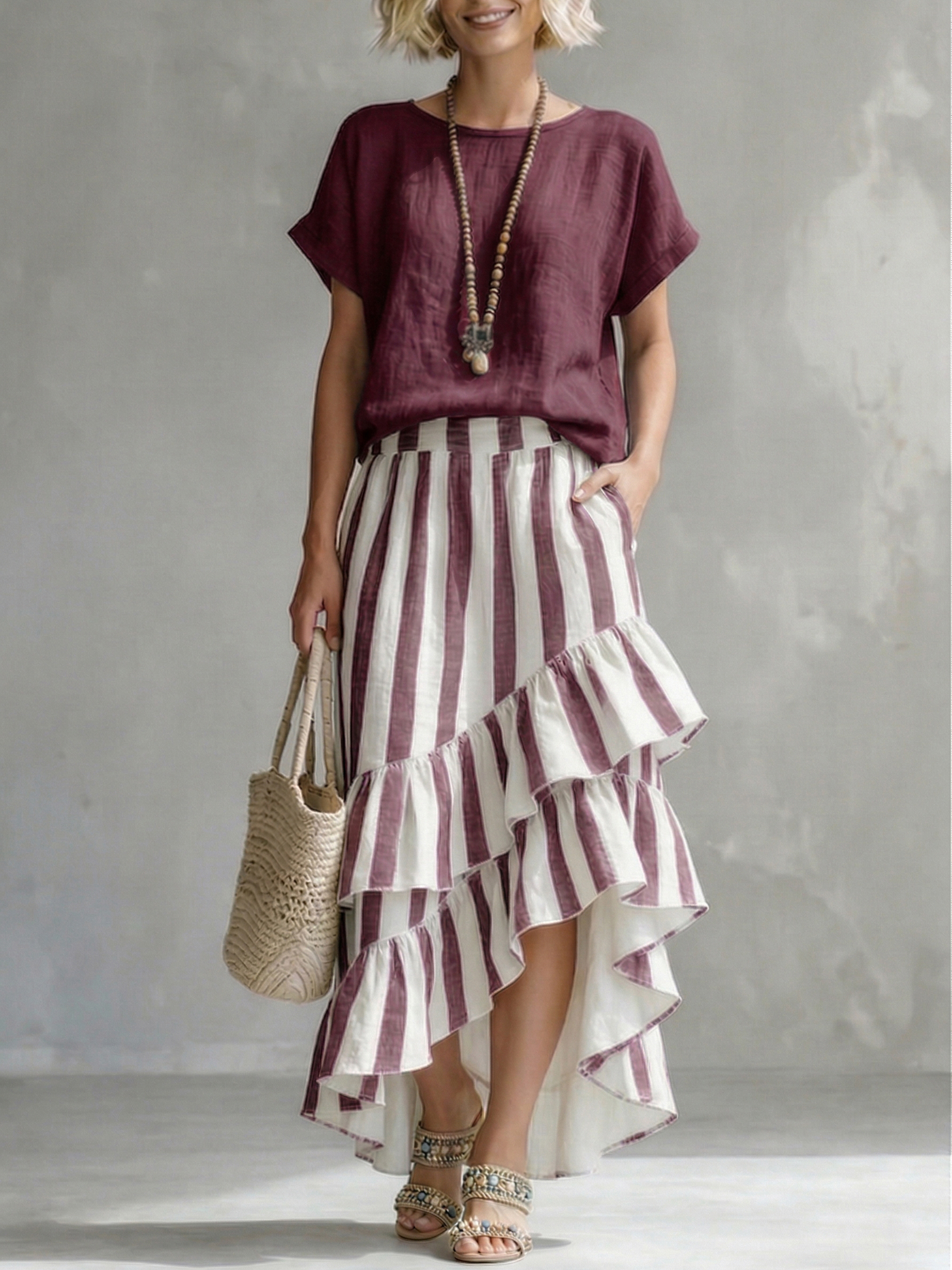 Romantic Striped Top And Ruffled Skirt Cotton-linen Two-piece Set