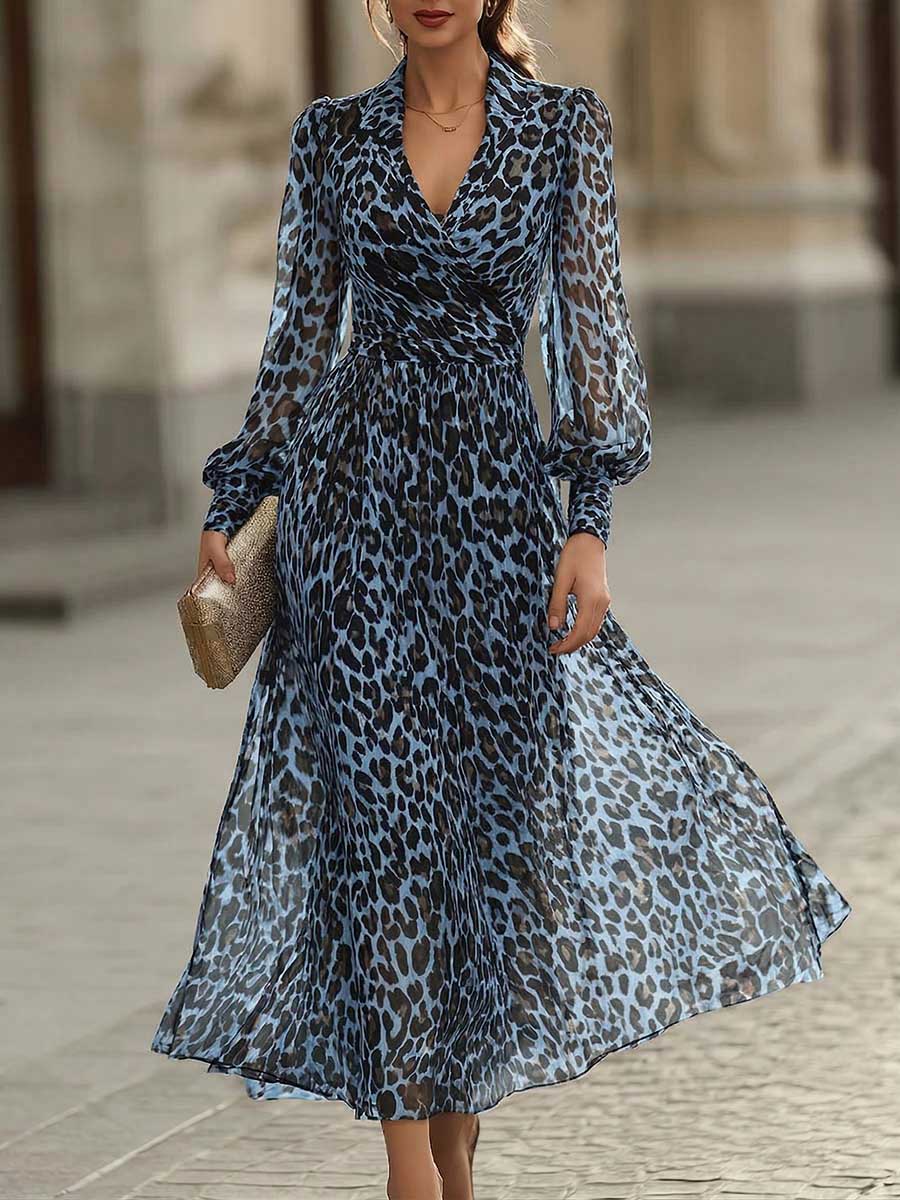 Women's V-neck Long-sleeve Casual Loose-fit Leopard Print Chiffon Dress