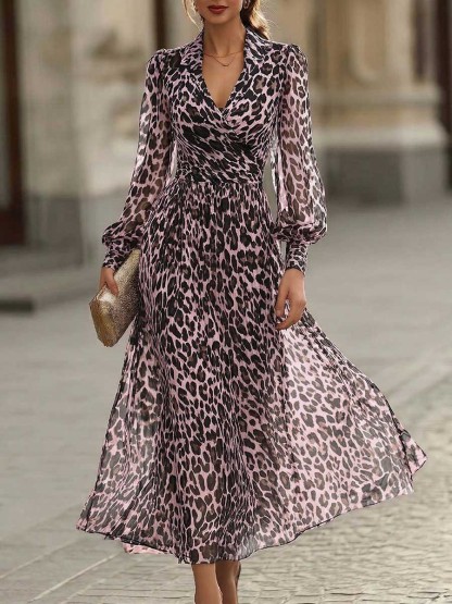 Women's V-neck Long-sleeve Casual Loose-fit Leopard Print Chiffon Dress
