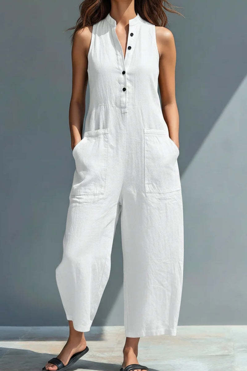Women's Minimalist Linen Blend Button-up Stand-collar Sleeveless Loose Jumpsuit
