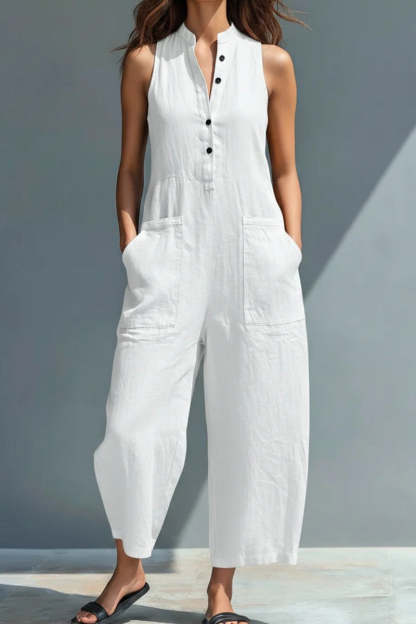 Women's Minimalist Linen Blend Button-up Stand-collar Sleeveless Loose Jumpsuit