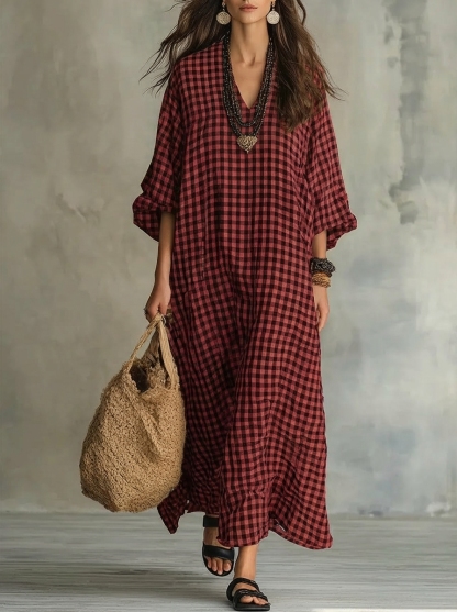 Women's Retro Plaid Art Casual Stylish Cotton Linen Maxi Dress