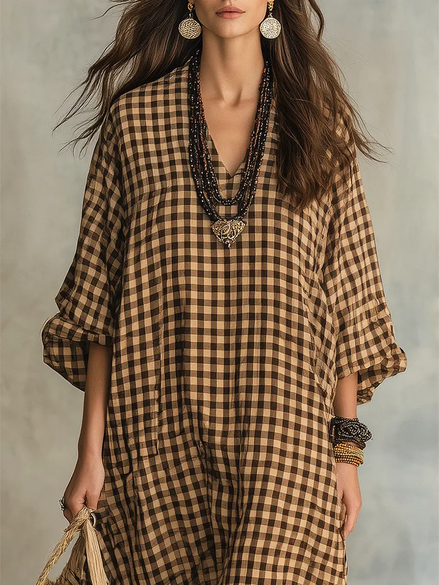 Women's Retro Plaid Art Casual Stylish Cotton Linen Maxi Dress