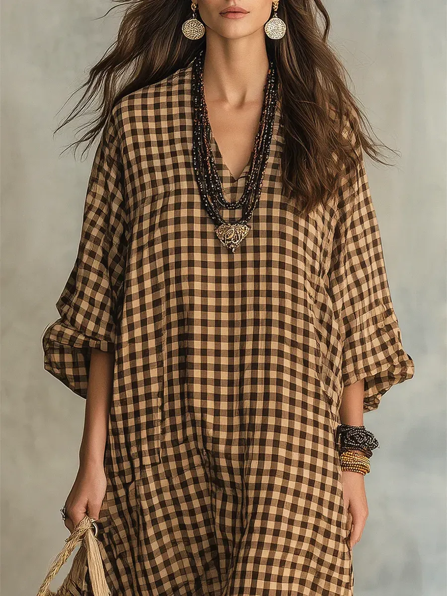 Women's Retro Plaid Art Casual Stylish Cotton Linen Maxi Dress