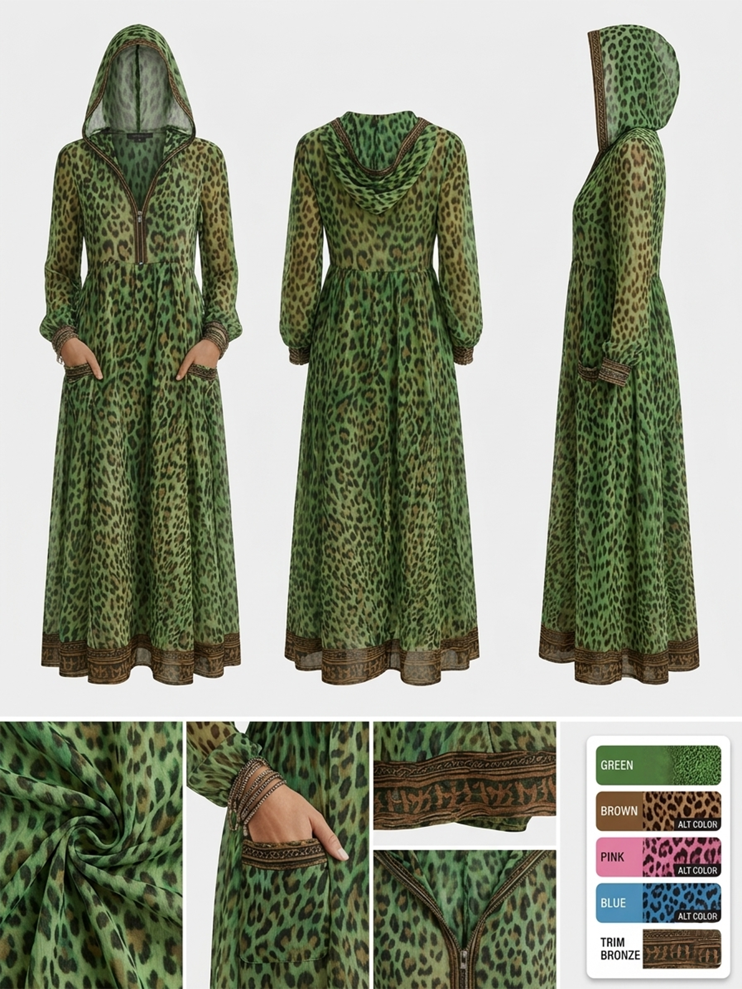 Women's Retro Casual Leopard Print Art Hooded Midi Dress