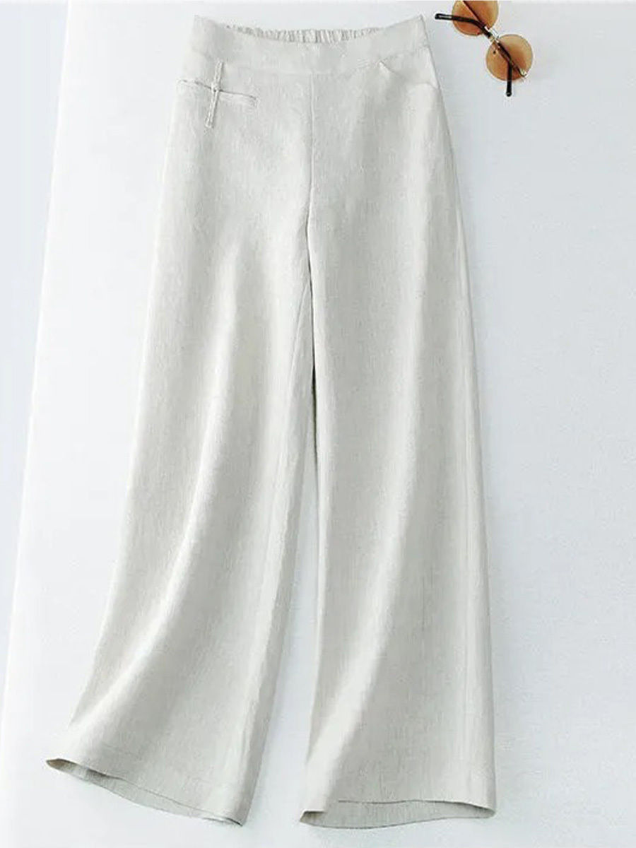 Women's Solid Color Button Half Elastic High Waist Casual Cotton and Linen Wide Leg Pants