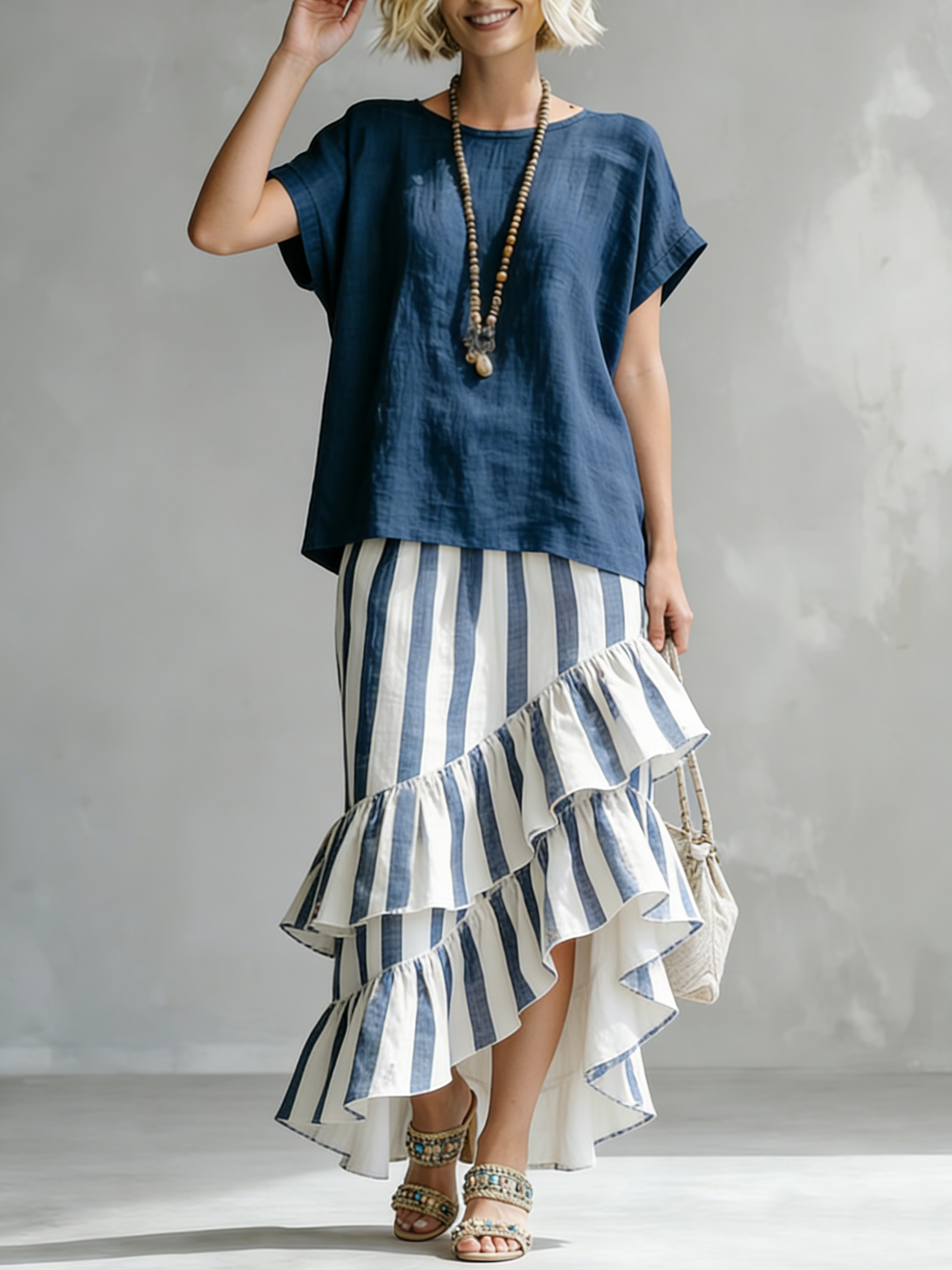Romantic Striped Top And Ruffled Skirt Cotton-linen Two-piece Set