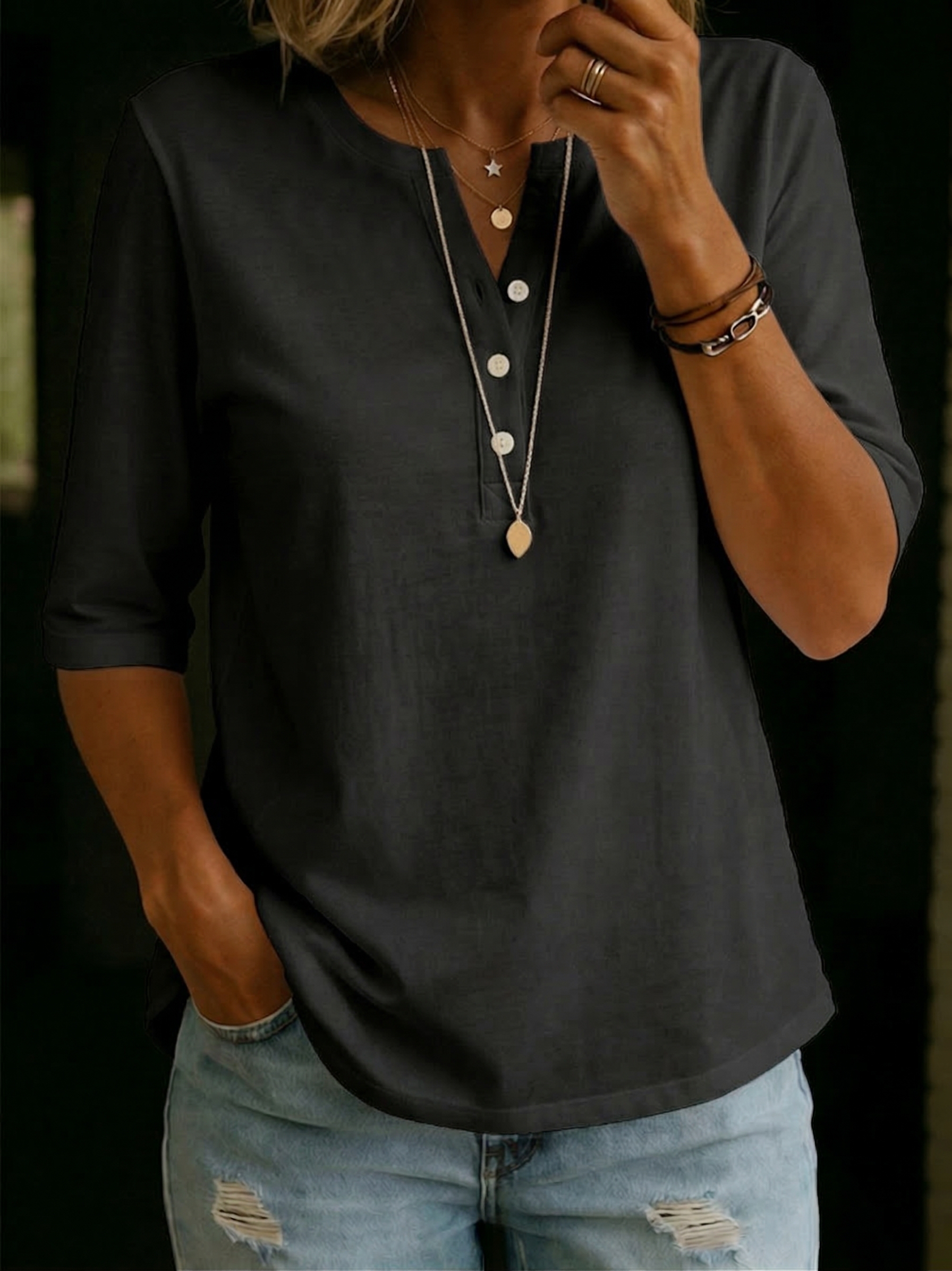 Classic Henley Collar 100% Cotton T-shirt