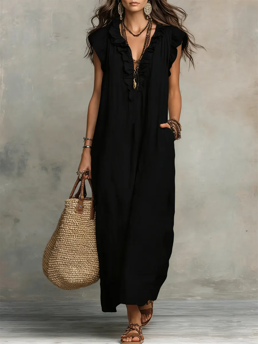 Women's Solid Color Ruffled Art Casual Fashion Cozy Cotton Linen Dress