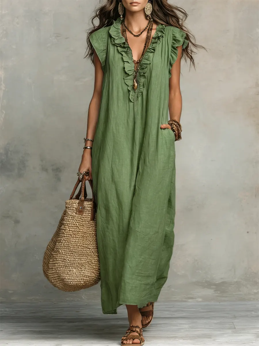 Women's Solid Color Ruffled Art Casual Fashion Cozy Cotton Linen Dress